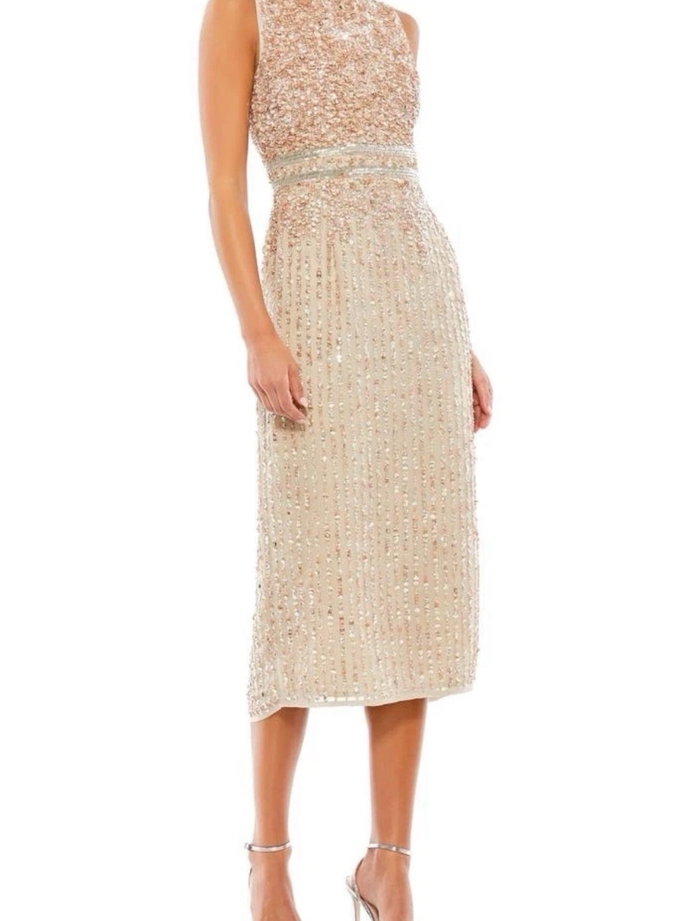 Mac Duggal 10509 Sleeveless High Neck Sequin Midi Sheath Dress Sz 4 NWT $298